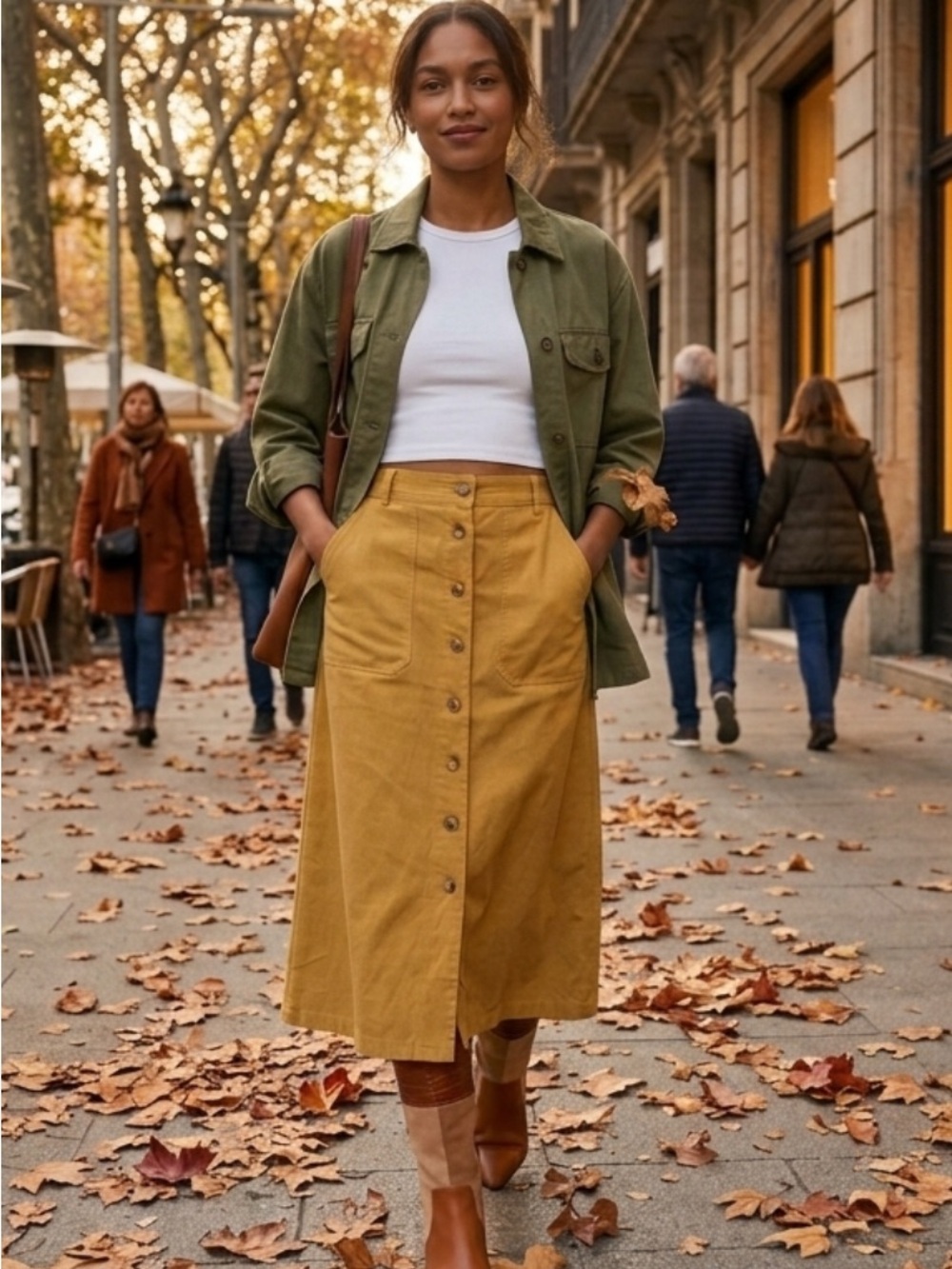 NWT FRNCH Paris High Waist Button Front A Line Mustard Midi Skirt XL Utility